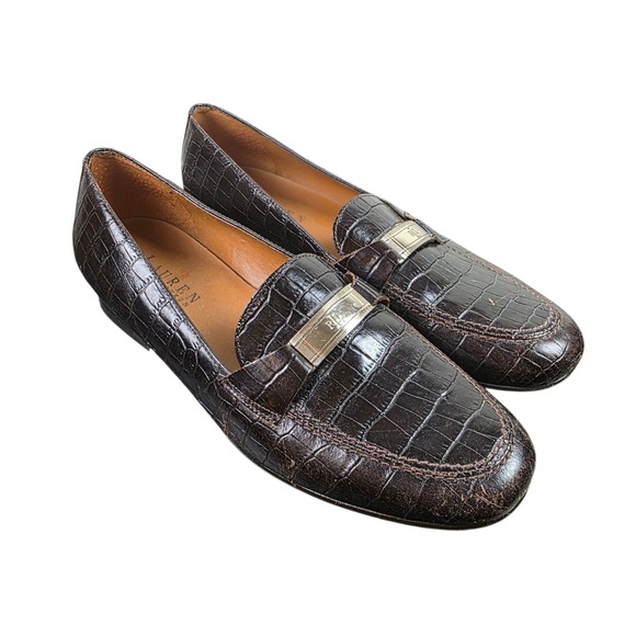 Lauren Ralph Lauren Shoes - Lauren Ralph Lauren Loafers Womens 7.5 AA Brown Good Croc Embossed RL Logo Bar